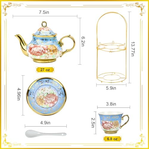20 Pieces Porcelain Tea Set With Metal Holder, European Ceramic tea set for adults,Flower Tea Set,Tea Set For Women With Flower Painting - Image 3