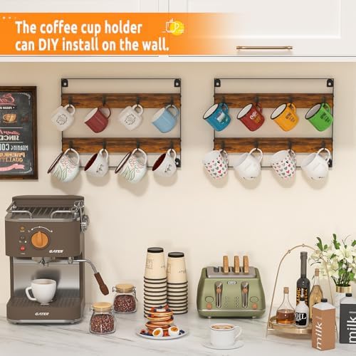 Rustic Wood Coffee Mug Rack - Wall Mount Cup Holder Shelf Storage for Kitchen, Home, Bar, Office (4 Pack, Holds 32 Mugs) - Image 4