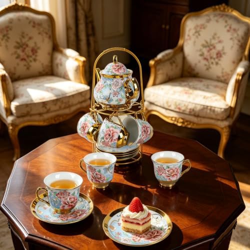 20-Piece Porcelain Tea Sets for Adults, Includes Tea Cups and Saucers, Teapot, Spoons & Metal Rack, Elegant Ceramic Tea Set for Women, Wedding & Home Decor (Blue and Pink) - Image 7