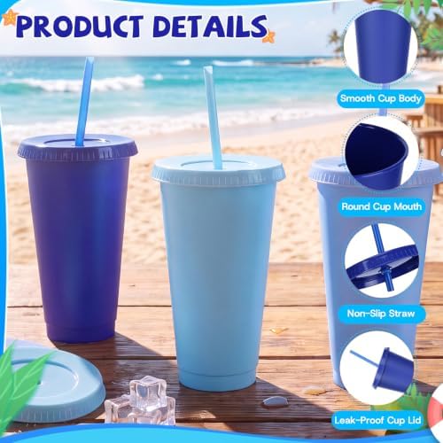 24 Pack Plastic Tumblers with Lids and Straws, Reusable Cups with Lids Plastic Colorful Cups for Parties Birthdays, Iced Coffee Cup Cold Drink Cups Bulk Tumblers (24 oz, Gradient Blue Colors) - Image 4