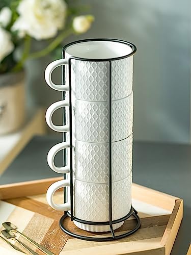 LYEOBOH Stackable Coffee Mugs with Rack, 13 oz Ceramic Coffee Mug Set of 4 with Stand, Latte Cup with Spoon, Cappuccino Cups for Hot Cocoa, Milk, White - Image 5