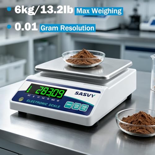 Lab Scale 6000g x 0.01g Scientific Scale g/oz/ct/lb/dr/DWT High Precision Digital Electronic Analytical Balance for Jewelry Kitchen Laboratory School, Includes 500g Calibration Weight&Battery - Image 2
