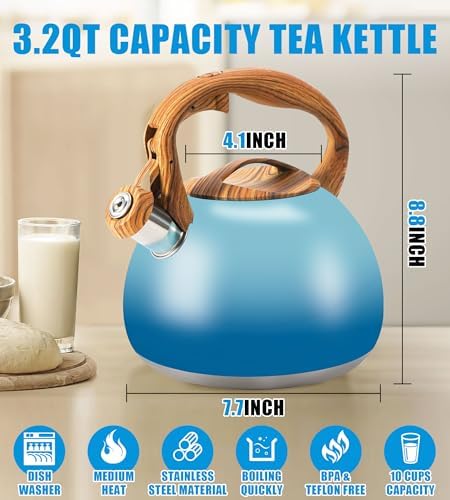 3.2Qt Stainless Steel Whistling Tea Kettle Stovetop, Sky Blue - Image 2