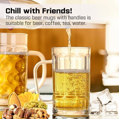 20oz Large Heavy e Glass Beer Mugs for Freezer Set of 4 with Handle, Large Glass Beer Stein, Beer Cup Mug for Water, Drinks, Lead-Free Glasses for Men in Pub, Home - Image 4