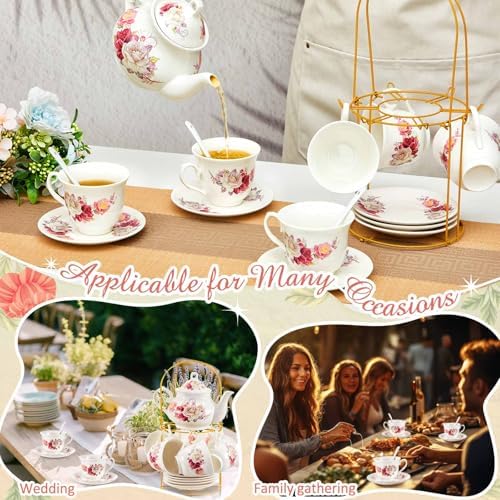 Zhehao 20 Pcs Porcelain Tea Set for Adult, with Metal Holder, Grace - Image 5