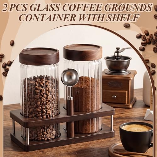 Suclain Glass Coffee Grounds Container with Shelf 2 x 44 oz Glass Coffee Bean Storage Canisters with Airtight Thread Lid and Measuring Spoon for Kitchen Sugar(Striped Style, Wood) - Image 3
