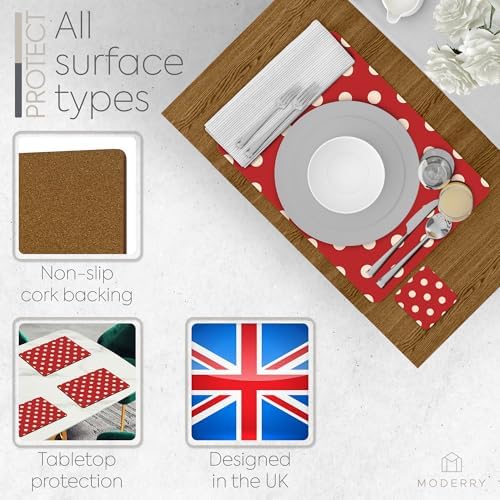 Set of 4 Heat Resistant Cork Placemats for Dining Table with Free Set of 4 Matching Drink Coasters Cream & Red Polkadot Design 16 x 12 Inches Cork Backed Hard Placemats (Red Polkadot) - Image 5