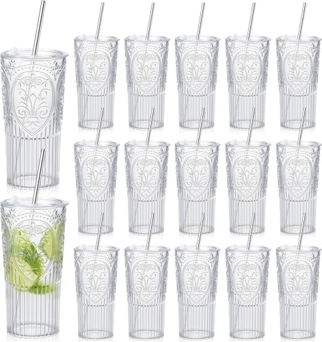 16 Set Vintage Tumbler with Lid and Straw, Iced Coffee Cup, Clear by Acellegic