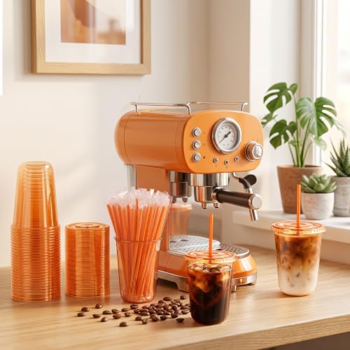 tchrules 100 Set 16oz Orange Plastic Iced Coffee Cups with Lids & Straws - Image 7