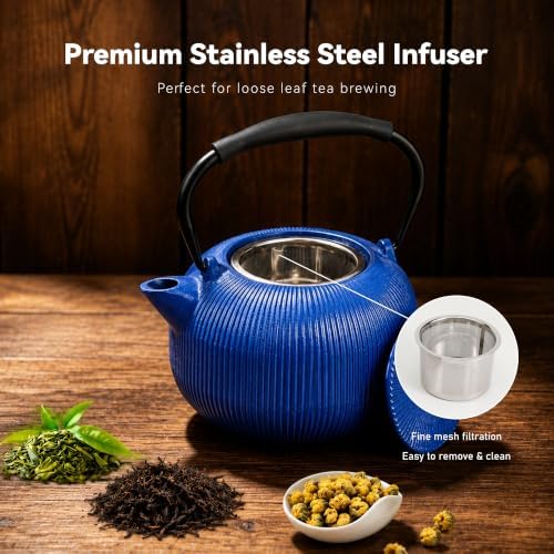 Cast Iron Teapot Set with 2 Cups, 34 oz (1000 ml) Japanese Tea Pot with Infuser for Loose Leaf Tea, Enamel Interior, Stovetop Compatible, Complete Tea Gift Set for Tea Lovers, Blue - Image 5
