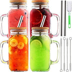 4 Pack 24 OZ Mason Jar Cups with Handle,Reusable Mason Jar Drinking Glasses,Mason Jars Mugs with Bamboo Lids and Stainless Steel Straws,Regular Mouth Glass for Iced Coffee Large Pearl Juices by CLRBEATTY