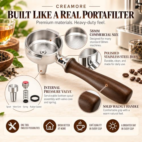 58mm Tea Portafilter, Adjustable 3-9 Bar Pressure, Walnut Handle - Brew Tea Concentrate for Milk Tea, Boba or Low-Pressure Pour-Over Style Coffee, No Grinder Needed, Fits E61 Machines - Image 5