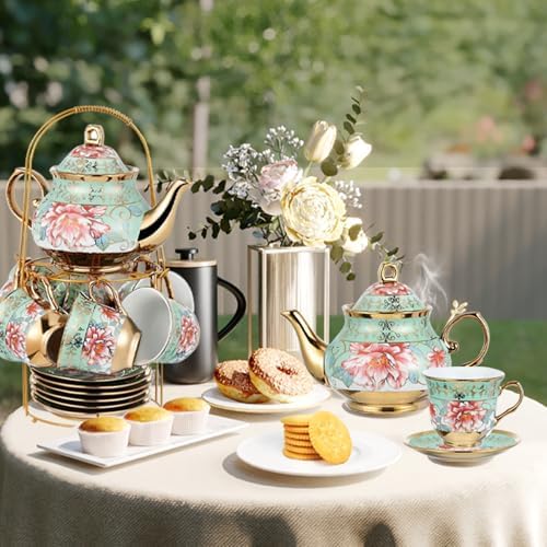 20Pcs Porcelain Tea Set for Adults, European Ceramic Tea Set Flower Ceramic Tea Cups (5.4oz), Teapot (23.67oz), & Saucers with Metal Holder for Women Tea Party (Green) - Image 2