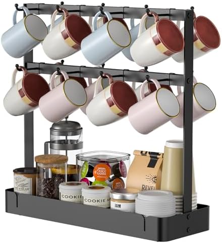 RCHYFEED 2 Tier Coffee Cup Holder with 16 Movable Hooks & Storage Basket by RCHYFEED