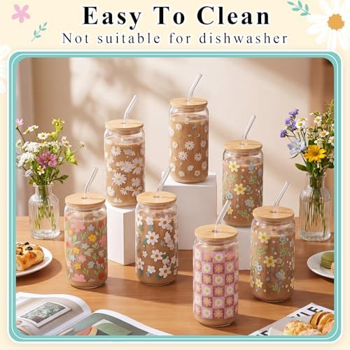 Mumufy 8 Sets Daisy Flower Glass Cups with Lids Straws Bulk, 16 Oz - Image 4