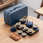 14-Piece Portable Ceramic Travel Tea Set - Chinese Kung Fu Tea Kit with Bamboo Tray & Leather Carry Bag (Blue) for Home/Office/Camping/Gifting by Unknown