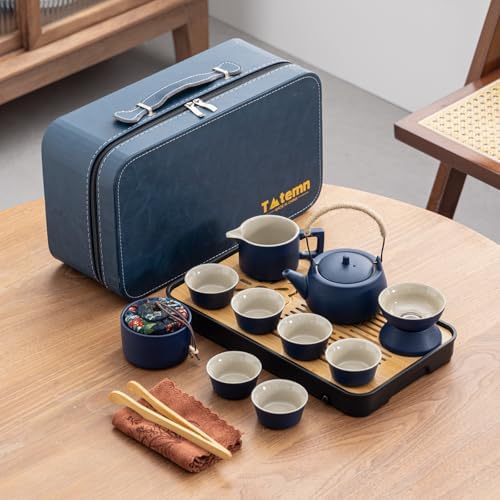 14-Piece Portable Ceramic Travel Tea Set - Chinese Kung Fu Tea Kit with Bamboo Tray & Leather Carry Bag (Blue) for Home/Office/Camping/Gifting by Unknown