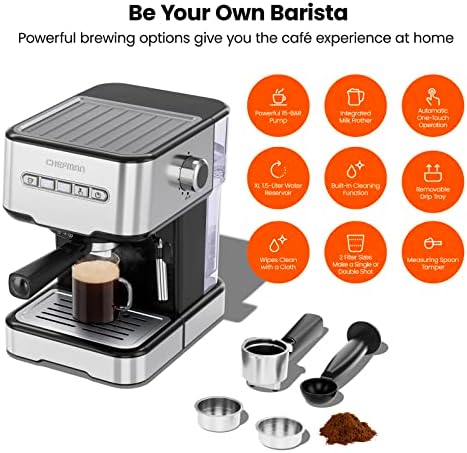 Chefman 6-in-1 Espresso Machine with Steamer, One-Touch Single or Double Shot Maker, Coffee Cappuccino Machine, Latte Built-In Milk Frother Stainless Steel - Image 2