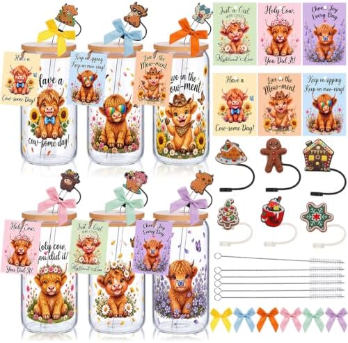 Vesici 6 Pcs Highland Cow Glasses with Lid Straw and Stopper, Cow Gifts - Image 2