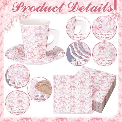 Pickmesh 252 Pcs Pink Bow Floral Tea Party Supplies for 36 Guests Flower Paper Disposable Dinnerware Flower Teacup with Handle and Saucers Set for Tea Party Decorations Birthday Baby Shower Wedding - Image 4