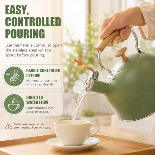Whistling Tea Kettle, 2.5 Qt Stovetop Teapot, Olive Green - Image 5