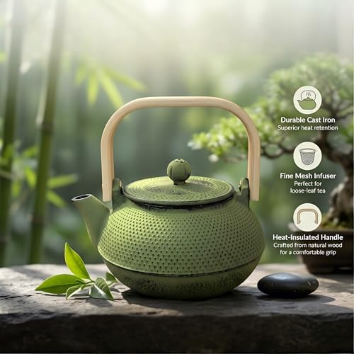 900ml Small Cast Iron Teapot with Wooden Handle, 30.4oz Green Tea Pot with Enamel Interior & Strainer, Durable Tea Kettle for Loose Leaf Tea, Suitable for Electric Stove & Induction Cooker - Image 4