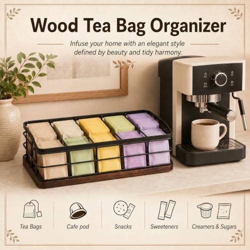 SiliFine 8 Compartments Tea Bag Organizer, Metal Wire with Wooden Base - Image 5