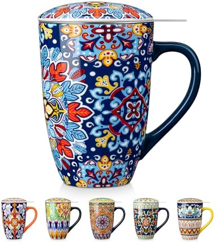 vancasso Ceramic Tea Mug with Infuser and Lid, 18 Ounce Bohemian Loose Leaf Cup, Microwave & Dishwasher Safe, Perfect for Tea, Coffee, Royal-Crimson Flourish by vancasso