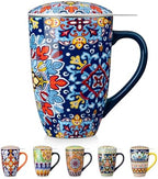 vancasso Ceramic Tea Mug with Infuser and Lid, 18 Ounce Bohemian Loose Leaf Cup, Microwave & Dishwasher Safe, Perfect for Tea, Coffee, Royal-Crimson Flourish by vancasso