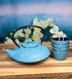 Ebros Gift Oriental Tetsubin Traditional Cast Iron Tea Pot With 4 Cups And Strainer Set 27oz Enameled Interior Home Decor Asian Living Gift And Housewarming (Turquoise Blue Auspicious Koi Fishes) by EbrosGift