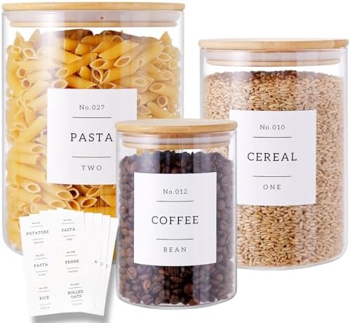 3 Pcs Glass Canisters with Airtight Bamboo Lids and 42 Kitchen Pantry Labels Preprinted - Clear Glass Flour and Sugar Storage Container Set - Large Glass Jars with Wood Lids(100 OZ/54 OZ/27 OZ) by HHMJSM
