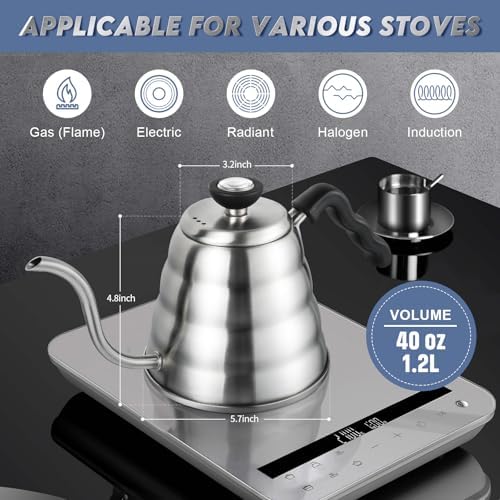 Stainless Steel Gooseneck Kettle, 1.2L/40oz Pour Over Coffee Maker - Image 6
