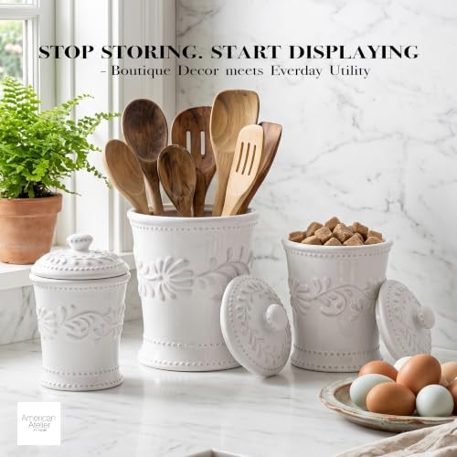 American Atelier Bianca Leaf Canister Set 3-Piece Ceramic Jars in 20oz, 48oz and 80oz Chic Design With Lids for Cookies, Candy, Coffee, Flour, Sugar, Rice, Pasta, Cereal & More, 7x10.25, White - Image 7