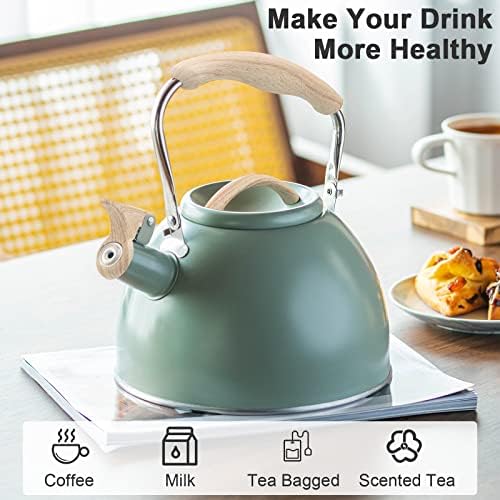 3.2 Quart Whistling Tea Kettle for Stove Top Stainless Steel Tea Pots With Wood Pattern Anti-slip Handle, Green… - Image 3