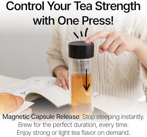 Glass Tea Infuser Bottle – One-Touch Magnetic Brewing, Double Wall Borosilicate Glass Tumbler with Removable Stainless Steel Infuser, Leak-Resistant Lid, 400 ml - Image 2