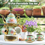 20Pcs Porcelain Tea Set with Metal Holder and Spoons, Floral Tea Sets for Adults with Teapot Cups Saucers, European Ceramic Tea Parties Set for Women （Large） (Green) - Image 4