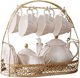 ufengke 15 Pieces Simple White English Ceramic Tea Sets,Tea Pot,Bone China Cups with Metal Holder Matching Spoons,Afternoon Tea Set Service Coffee Set by fanquare