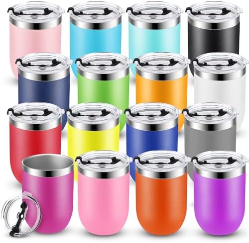 Potchen 16 Pack Insulated Coffee Wine Tumbler Bulk Stainless Steel 12oz Stemless Double Wall Vacuum Travel Mug Cup with Lid for Cold Hot Drinks Cocktails Champagne Gift Home Office Car, 16 Colors by Potchen