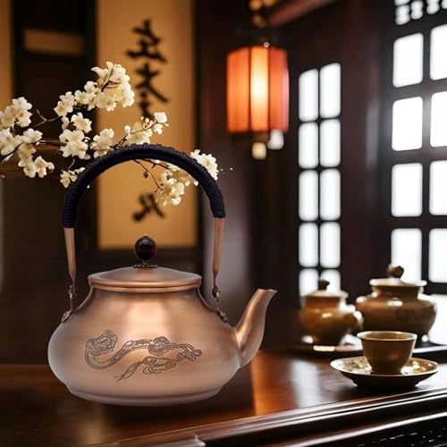 Classic Pure Copper Teapot without Coating, 44oz Tea Kettle with Tea Ball for Loose Leaf, Chinese Style Real Copper Tea Pot for Stovetop Safe, Ruyi Pattern(1300ml) - Image 2