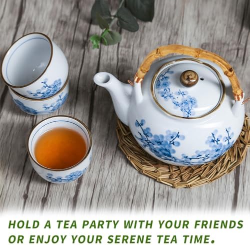 Japanese Tea Set Porcelain Tea Set with Teapot and Tea Cup Set for 4, Blue and White Tea Sets for Adults with Stainless Infuser and Bamboo Tray, Asian Tea Set for Tea Lovers/Women/Men (Plum & Bamboo) - Image 6