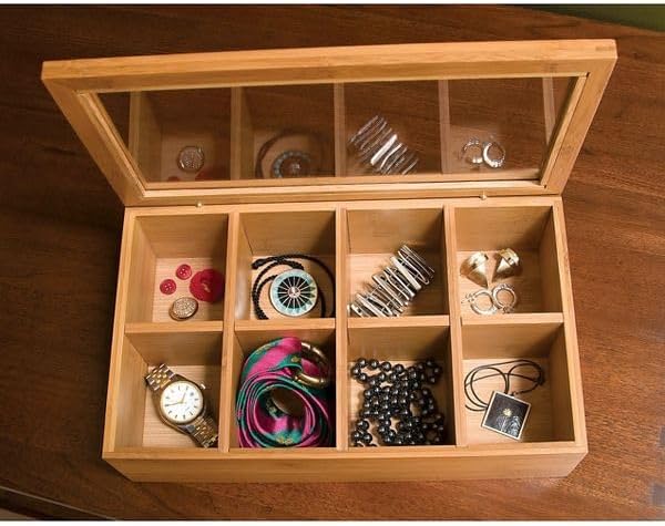 Bamboo Tea Box with Acrylic Lid - 8-Compartment Tea Bag Organizer for Kitchen & Pantry, 12.38"W x 7.25"D x 3.62"H, 1-Pack - Image 3