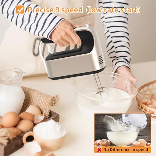 Yomelo 9-Speed Digital Hand Mixer Electric, 400W Powerful DC Motor, Hand Mixer Electric Handheld with Snap-On Storage Case, 5 Stainless Steel Accessories, Beaters, Dough Hooks, Whisk(Champagne Gold) - Image 4