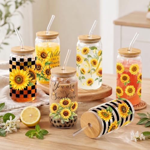 Glass Cups with Lids and Straws, 6 Pack, 16oz, Sunflower - Image 5