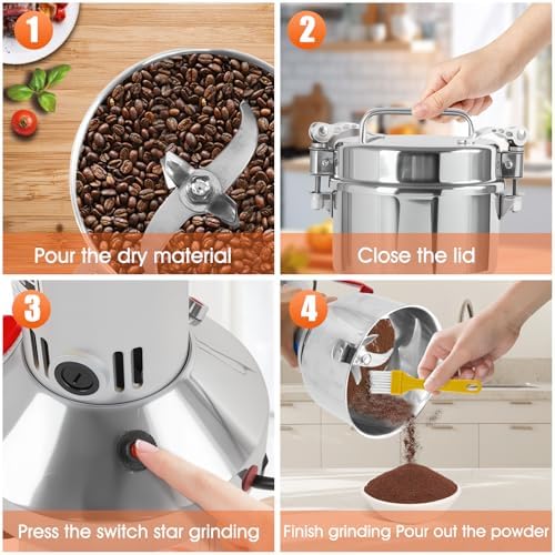 2000W Electric Grain Mill Grinder - 550g High-Speed Stainless Steel Dry Food Grinder for Coffee, Spices, Nuts & Herbs | 28000 RPM | 3 Blades | Commercial & Home Kitchen Use - Image 4