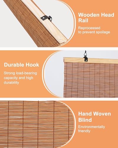 72" W x 72" H Cordless Bamboo Roller Shades for Interior, Brown - Image 6