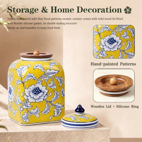 Ceramic Tea Canister with Airtight Lid, 10" H Kitchen Decor Jar for Loose Leaf Tea & Coffee Bean Storage, Hand-painted Chinoiserie Ginger Jars for Home Decor, 121 fl oz - Yellow Peony - Image 3