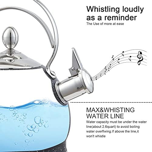 Creative Home 2.5 Quart Stainless Steel Whistling Tea Kettle Teapot with Aluminum Capsulated Bottom for Fast Boiling Heat Water for Induction Stove Top, Opaque Black with Speckle - Image 4