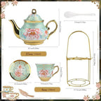 20Pcs Porcelain Tea Set with Metal Holder and Spoons, Floral Tea Sets for Adults with Teapot Cups Saucers, European Ceramic Tea Parties Set for Women （Large） (Green) - Image 2