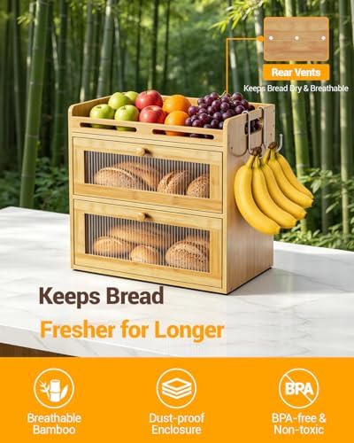 Bread Box for Kitchen Countertop, 2-Tier Bamboo Storage with Top Shelf - Image 5