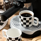 LUKA Porcelain Stackable Black and White Checkered Espresso Cups with Saucers and Metal Stand, 4 Ounce Small Ceramic Demitasse Cups Set for Coffee Drinks, Latte, Tea - Set of 4, White Interior - Image 6